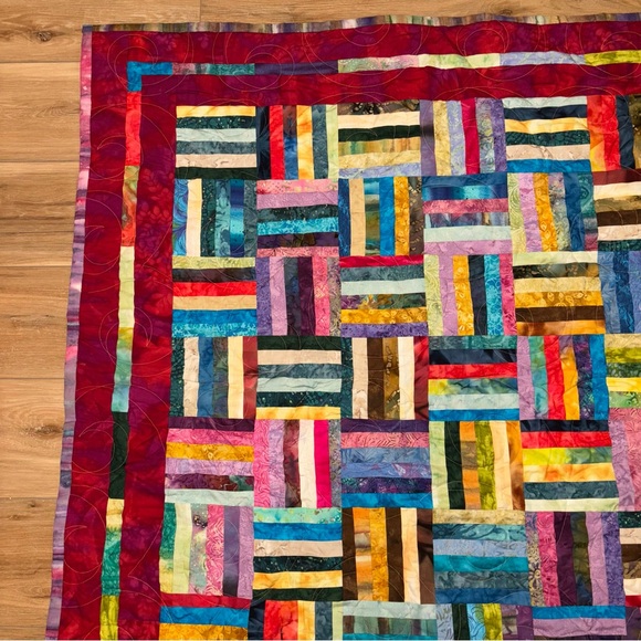 Vibrant Rail Fence Pattern Scrappy Patchwork Quilt Throw 62x54 - Picture 4 of 9